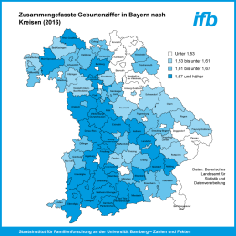 Zusammengefasste Geburtenziffer in Bayern nach Kreisen (2016)